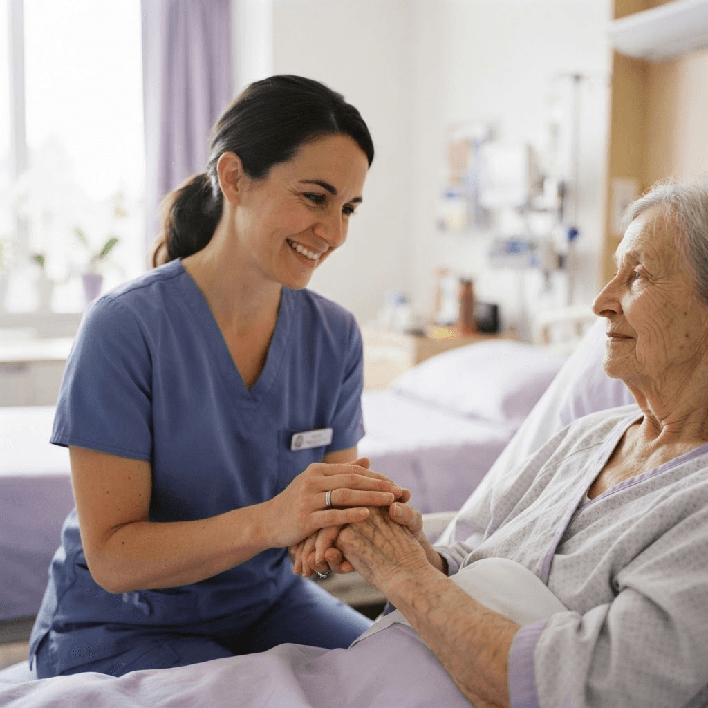 Une infirmière tenant la main d'un patient dans un environnement chaleureux