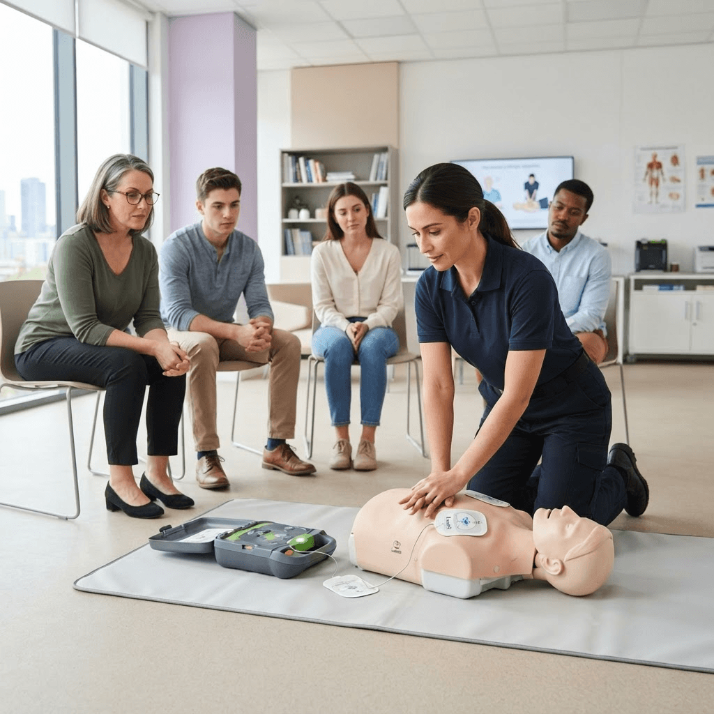 Une formatrice démontrant les techniques de RCR et l'utilisation d'un DEA avec des mannequins