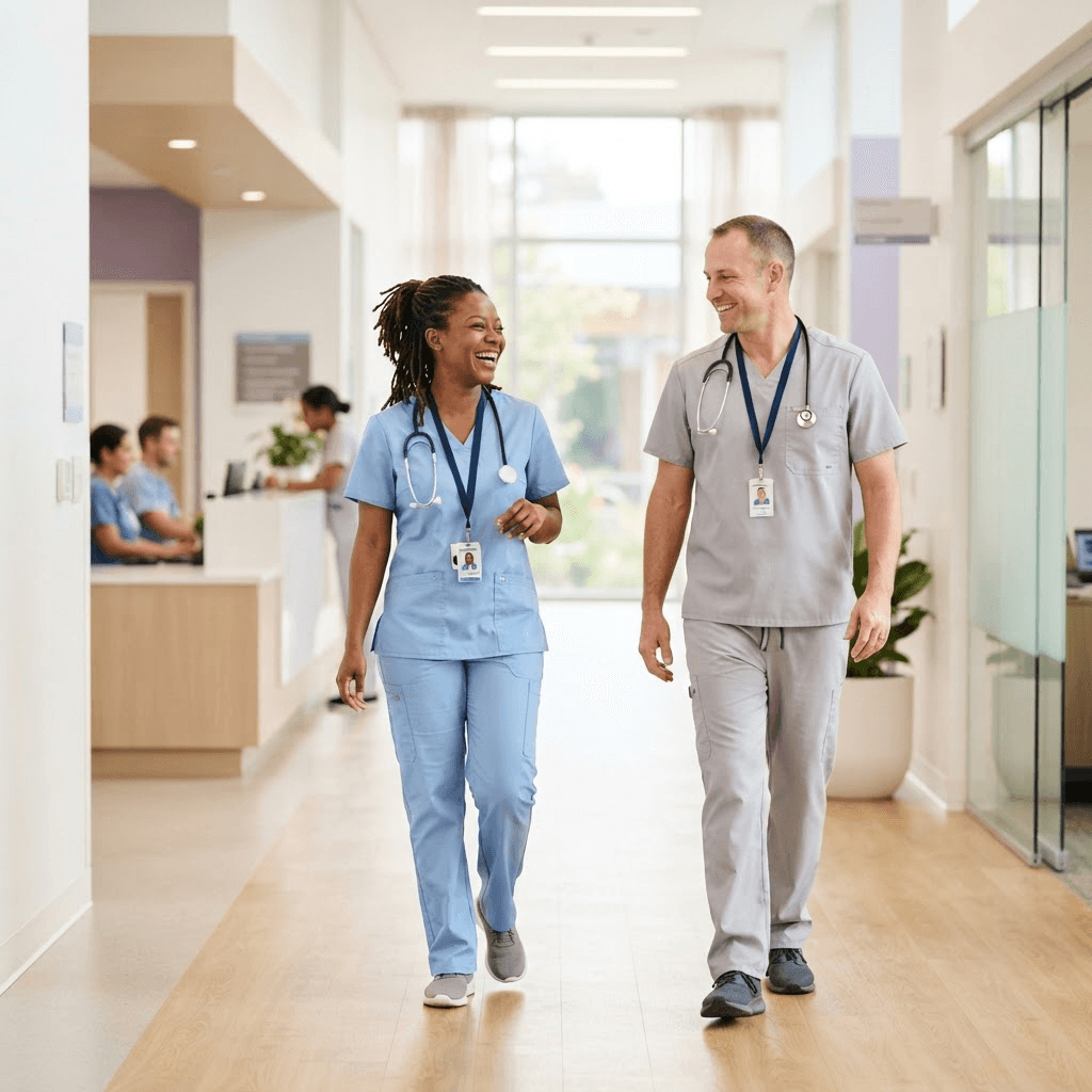 Deux professionnels de la santé souriants marchant dans un établissement moderne