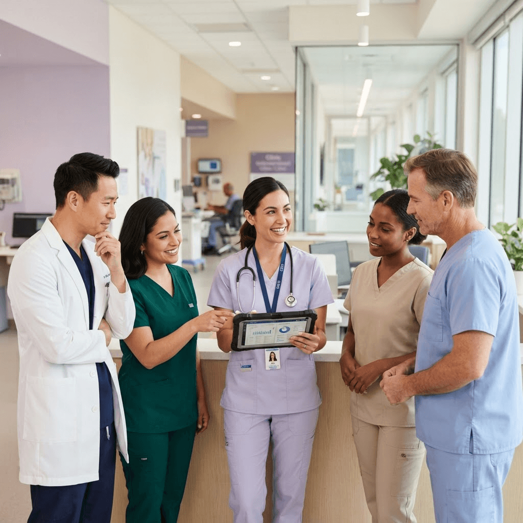 Une infirmière utilisant une tablette et échangeant avec une équipe multidisciplinaire